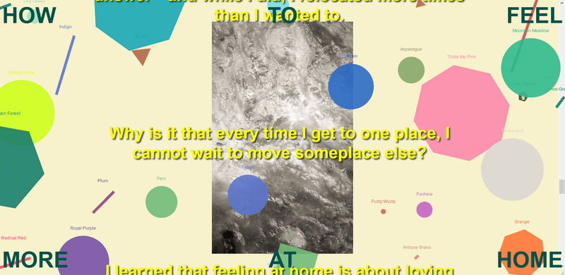 Screenshot from interactive webpage with colourful shapes, images and text
