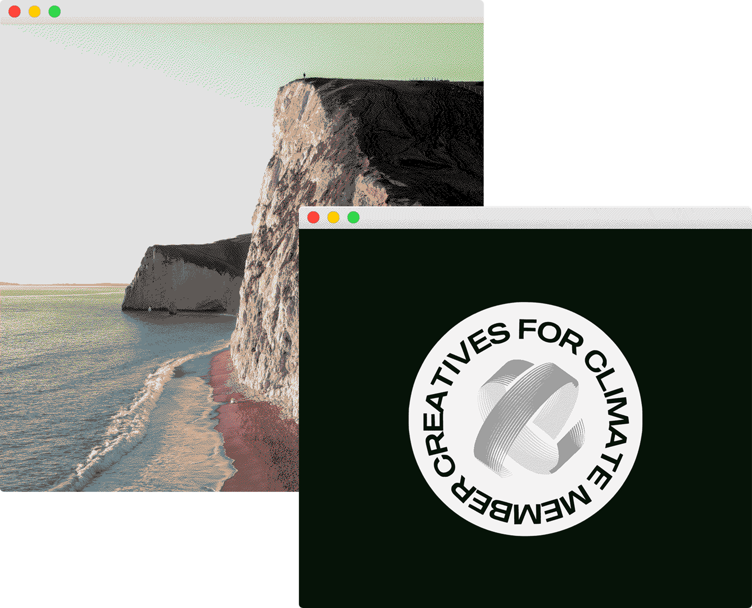 Mockup of two computer windows, one shows a cliff, the other the Creatives for Climate logo